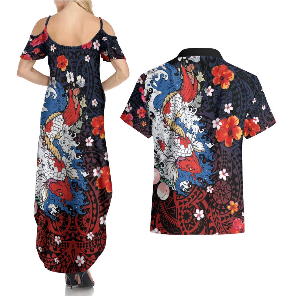 Hawaiian and Japanese Together Couples Matching Summer Maxi Dress and Hawaiian Shirt Hibiscus and Koi Fish Polynesian Pattern Colorful Style LT03 - Polynesian Pride