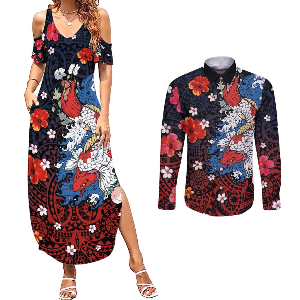 Hawaiian and Japanese Together Couples Matching Summer Maxi Dress and Long Sleeve Button Shirt Hibiscus and Koi Fish Polynesian Pattern Colorful Style LT03 Red - Polynesian Pride