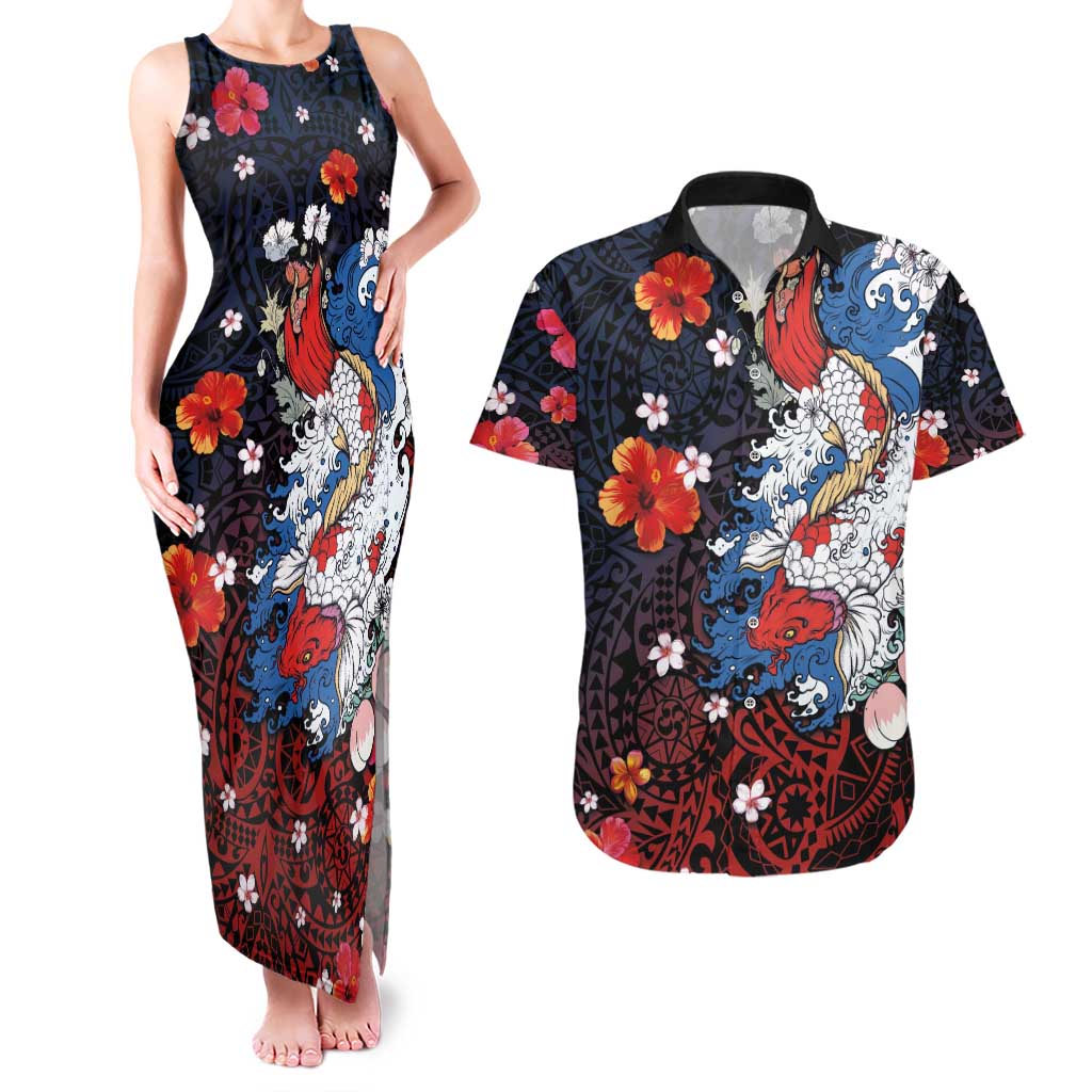 Hawaiian and Japanese Together Couples Matching Tank Maxi Dress and Hawaiian Shirt Hibiscus and Koi Fish Polynesian Pattern Colorful Style