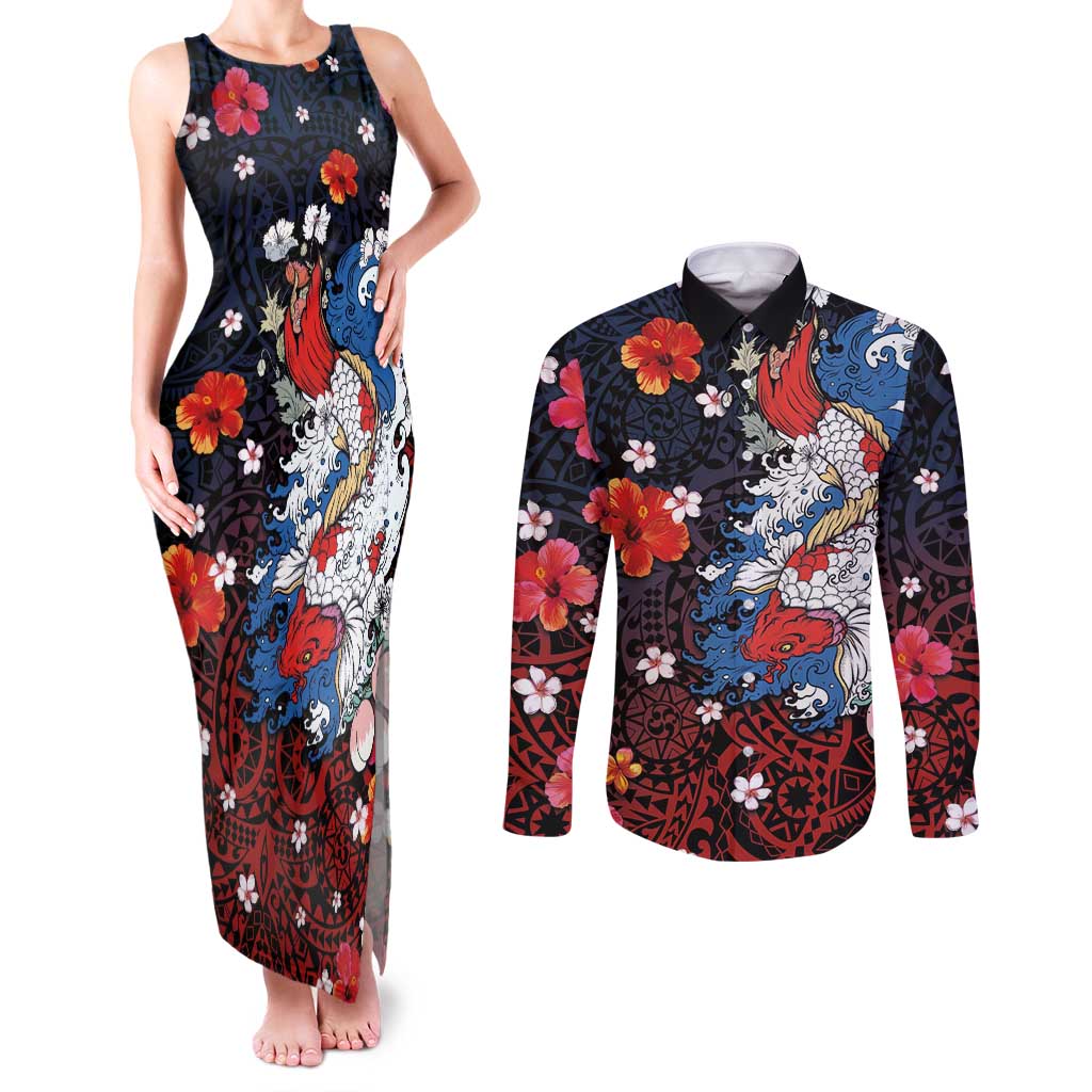 Hawaiian and Japanese Together Couples Matching Tank Maxi Dress and Long Sleeve Button Shirt Hibiscus and Koi Fish Polynesian Pattern Colorful Style LT03 Red - Polynesian Pride