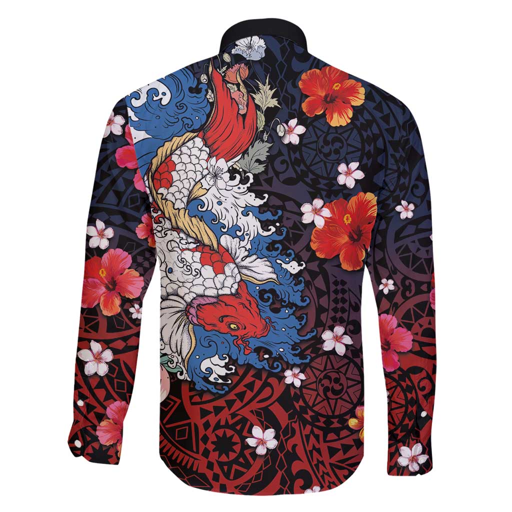 Hawaiian and Japanese Together Family Matching Long Sleeve Bodycon Dress and Hawaiian Shirt Hibiscus and Koi Fish Polynesian Pattern Colorful Style