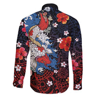 Hawaiian and Japanese Together Family Matching Long Sleeve Bodycon Dress and Hawaiian Shirt Hibiscus and Koi Fish Polynesian Pattern Colorful Style