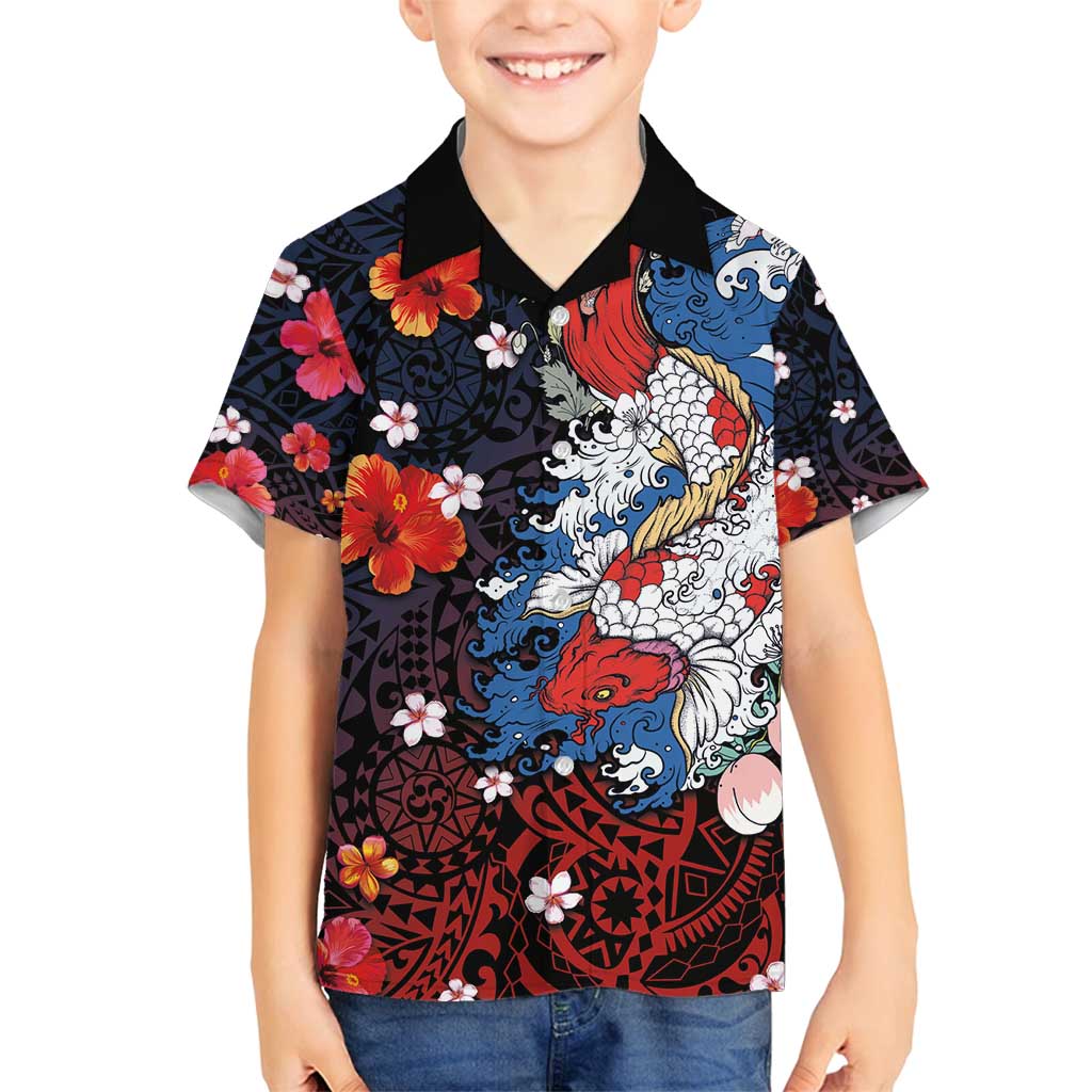 Hawaiian and Japanese Together Family Matching Long Sleeve Bodycon Dress and Hawaiian Shirt Hibiscus and Koi Fish Polynesian Pattern Colorful Style