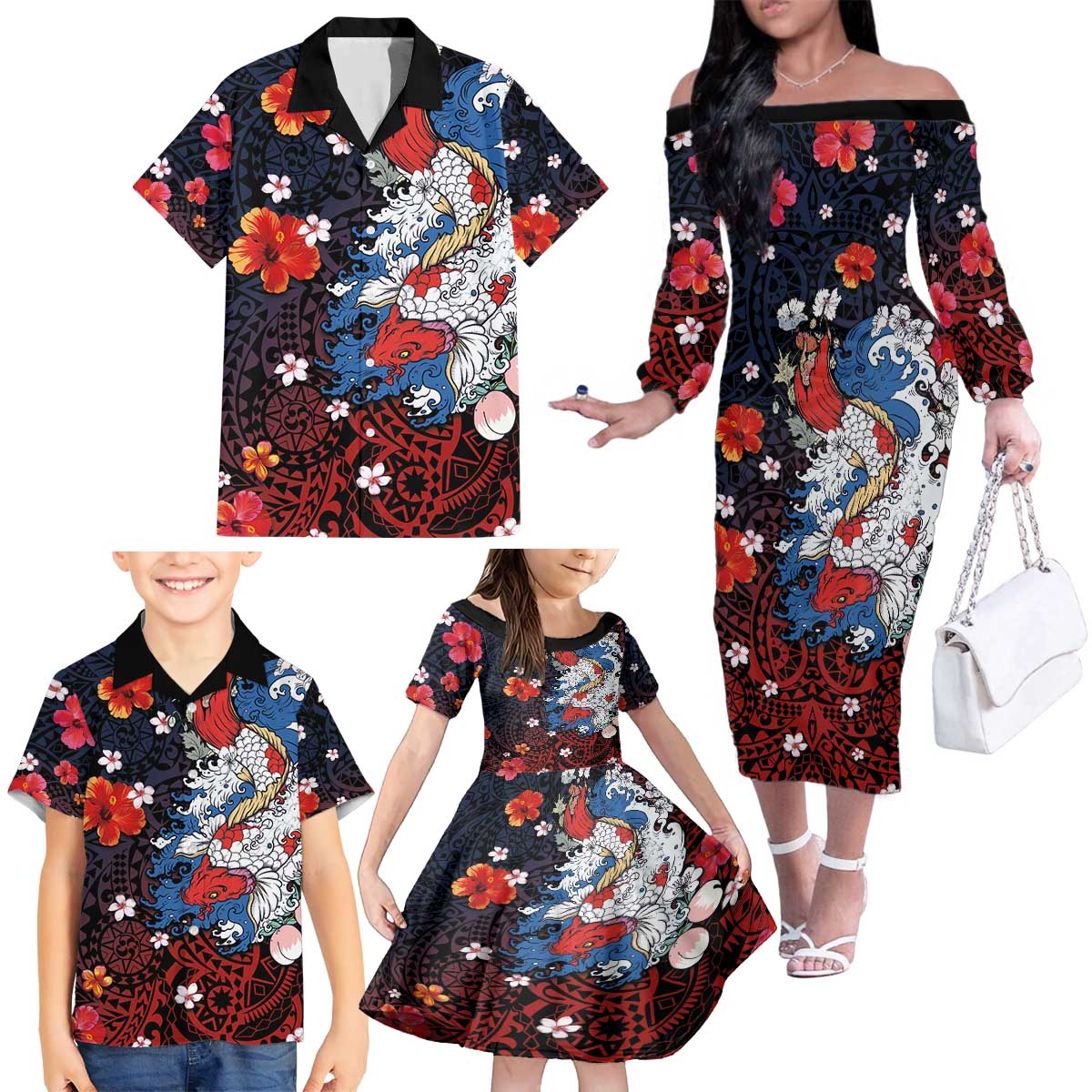Hawaiian and Japanese Together Family Matching Off The Shoulder Long Sleeve Dress and Hawaiian Shirt Hibiscus and Koi Fish Polynesian Pattern Colorful Style