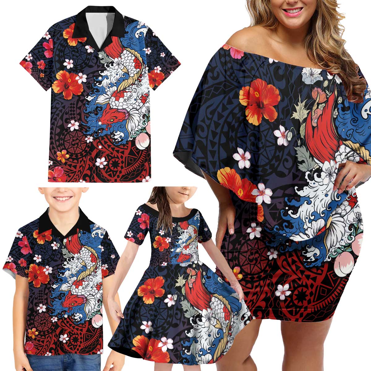 Hawaiian and Japanese Together Family Matching Off Shoulder Short Dress and Hawaiian Shirt Hibiscus and Koi Fish Polynesian Pattern Colorful Style