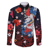 Hawaiian and Japanese Together Family Matching Off Shoulder Short Dress and Hawaiian Shirt Hibiscus and Koi Fish Polynesian Pattern Colorful Style LT03 Dad's Shirt - Long Sleeve Red - Polynesian Pride