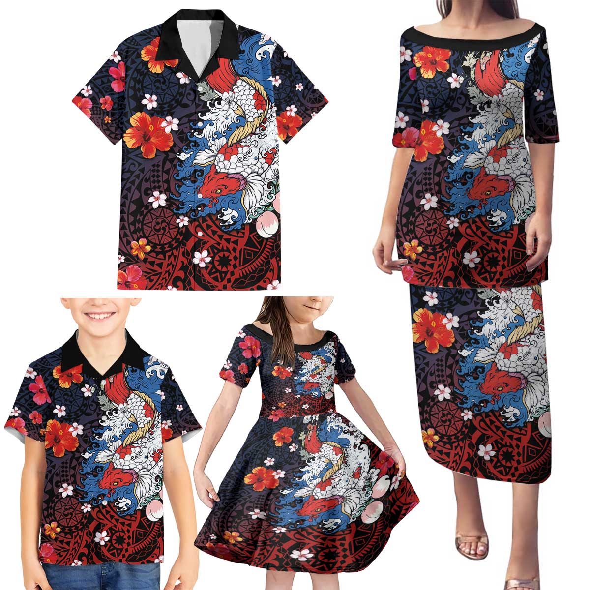 Hawaiian and Japanese Together Family Matching Puletasi and Hawaiian Shirt Hibiscus and Koi Fish Polynesian Pattern Colorful Style