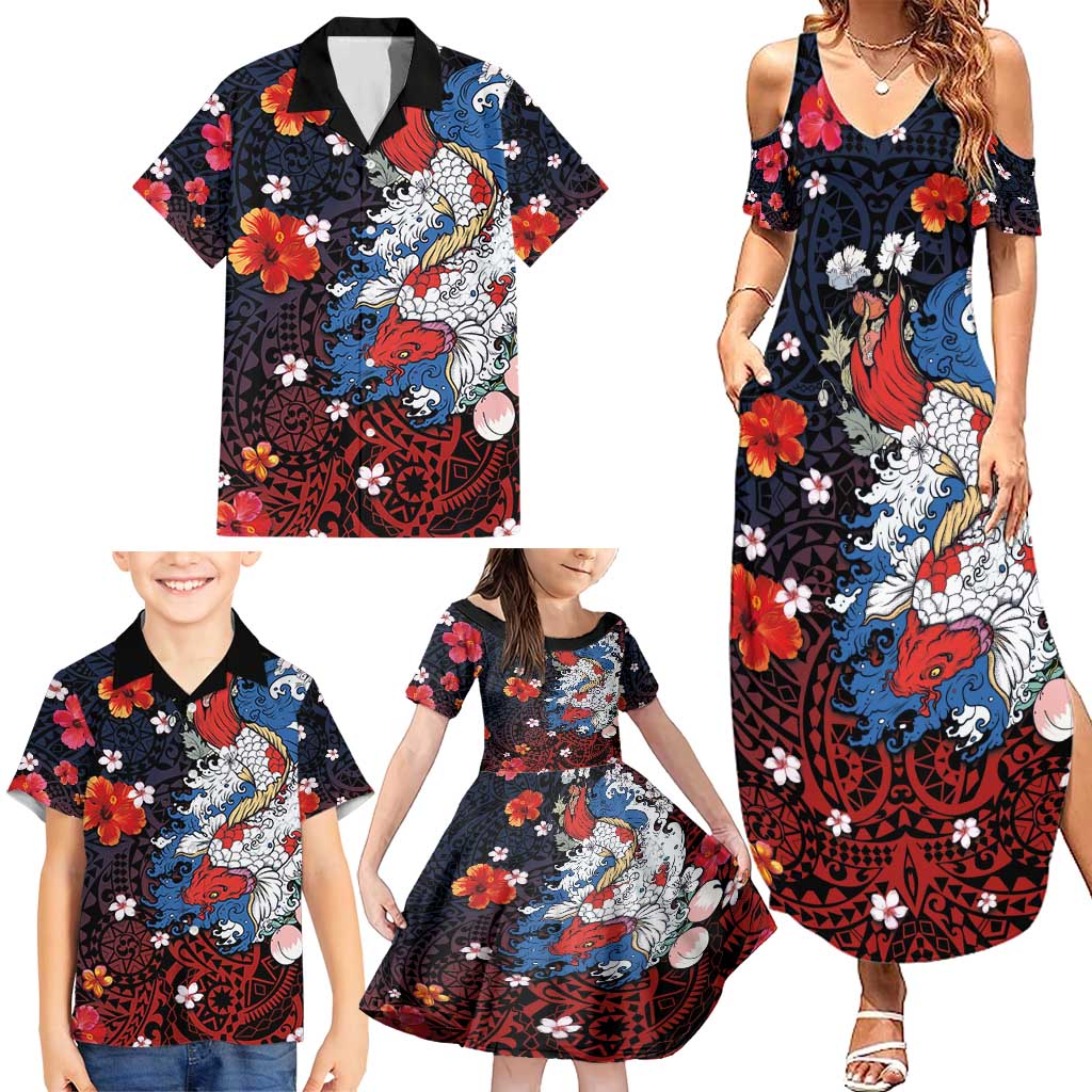 Hawaiian and Japanese Together Family Matching Summer Maxi Dress and Hawaiian Shirt Hibiscus and Koi Fish Polynesian Pattern Colorful Style