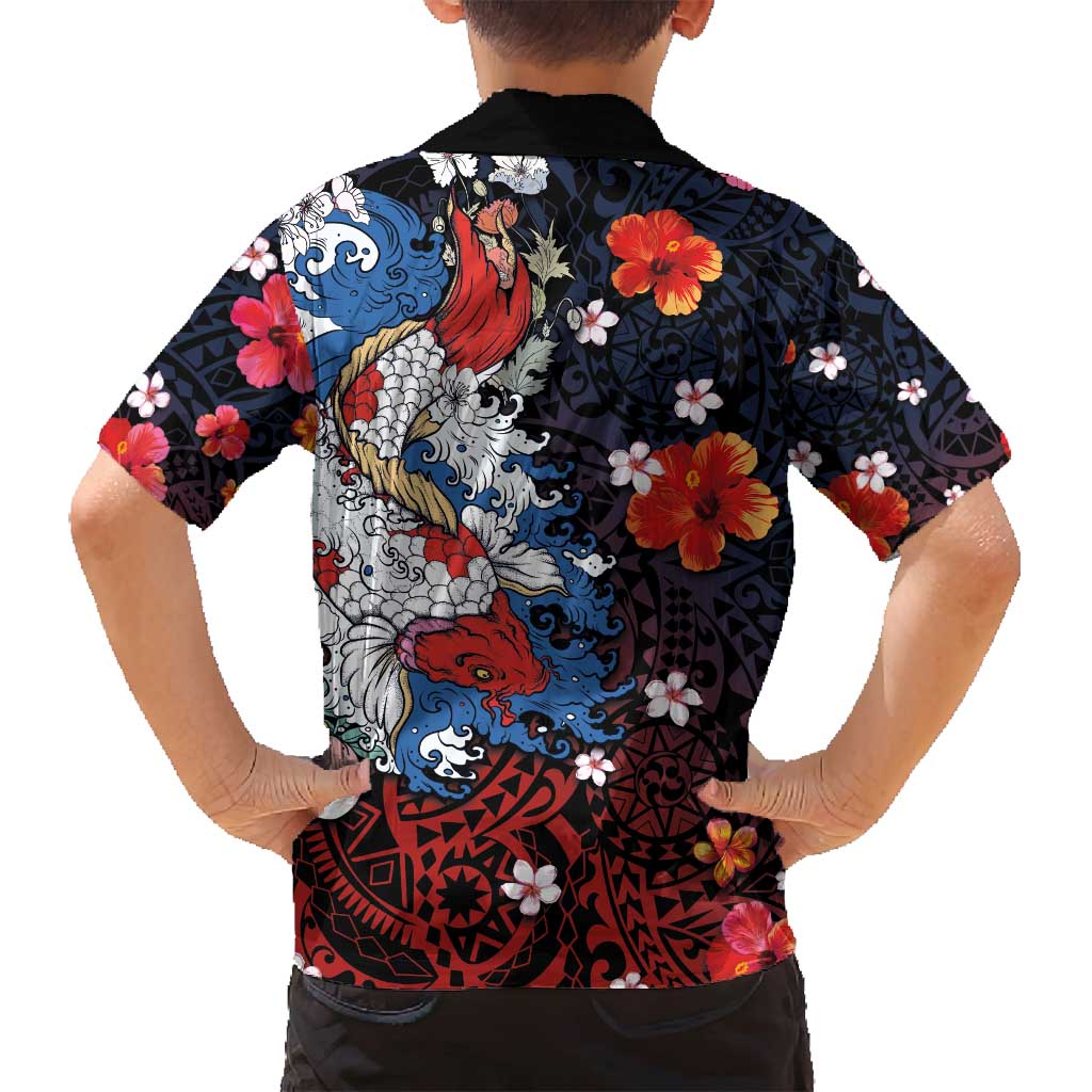 Hawaiian and Japanese Together Family Matching Tank Maxi Dress and Hawaiian Shirt Hibiscus and Koi Fish Polynesian Pattern Colorful Style