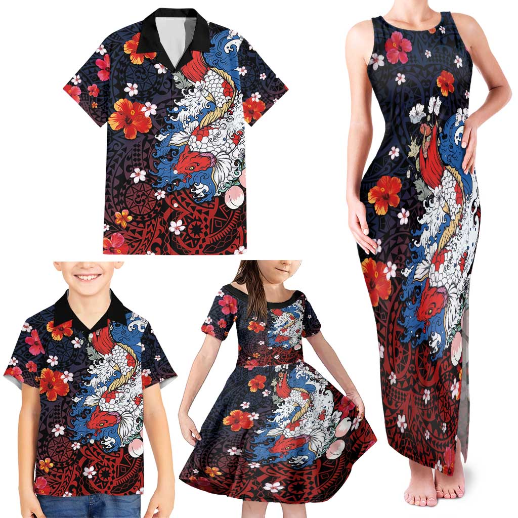 Hawaiian and Japanese Together Family Matching Tank Maxi Dress and Hawaiian Shirt Hibiscus and Koi Fish Polynesian Pattern Colorful Style