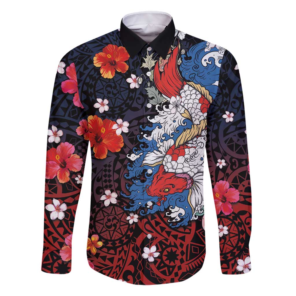 Hawaiian and Japanese Together Family Matching Tank Maxi Dress and Hawaiian Shirt Hibiscus and Koi Fish Polynesian Pattern Colorful Style