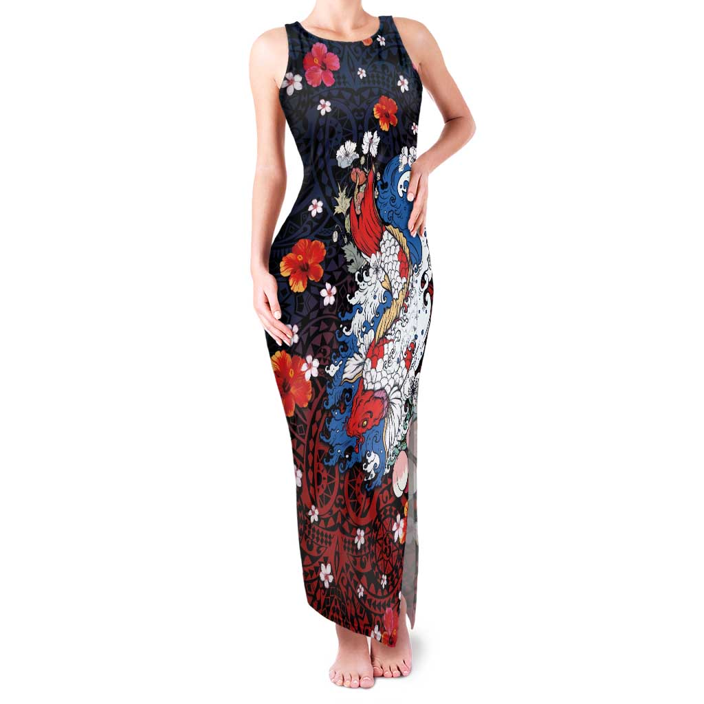 Hawaiian and Japanese Together Family Matching Tank Maxi Dress and Hawaiian Shirt Hibiscus and Koi Fish Polynesian Pattern Colorful Style
