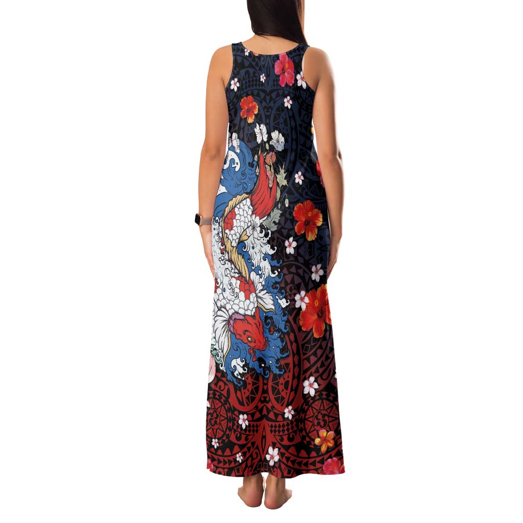 Hawaiian and Japanese Together Family Matching Tank Maxi Dress and Hawaiian Shirt Hibiscus and Koi Fish Polynesian Pattern Colorful Style