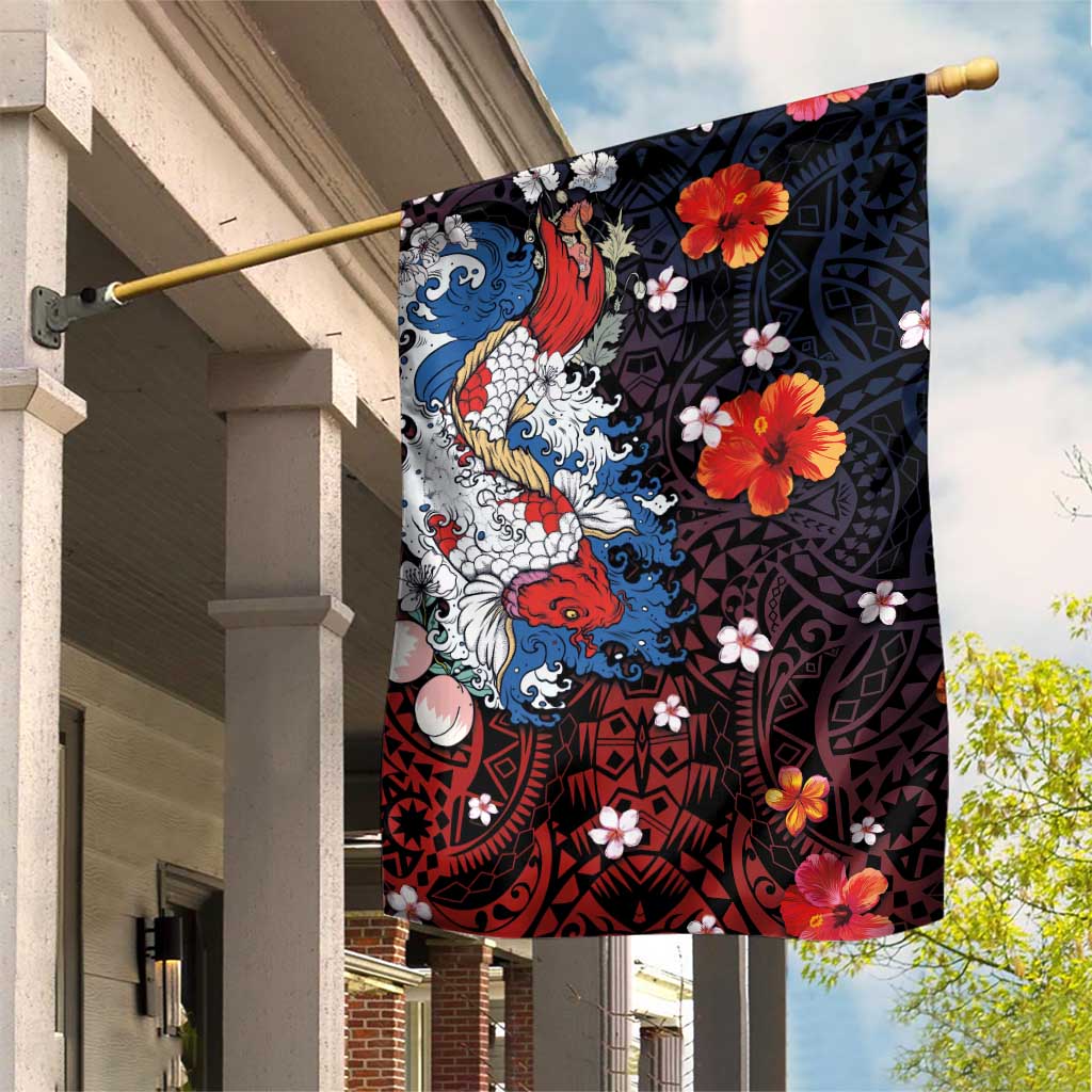 Hawaiian and Japanese Together Garden Flag Hibiscus and Koi Fish Polynesian Pattern Colorful Style