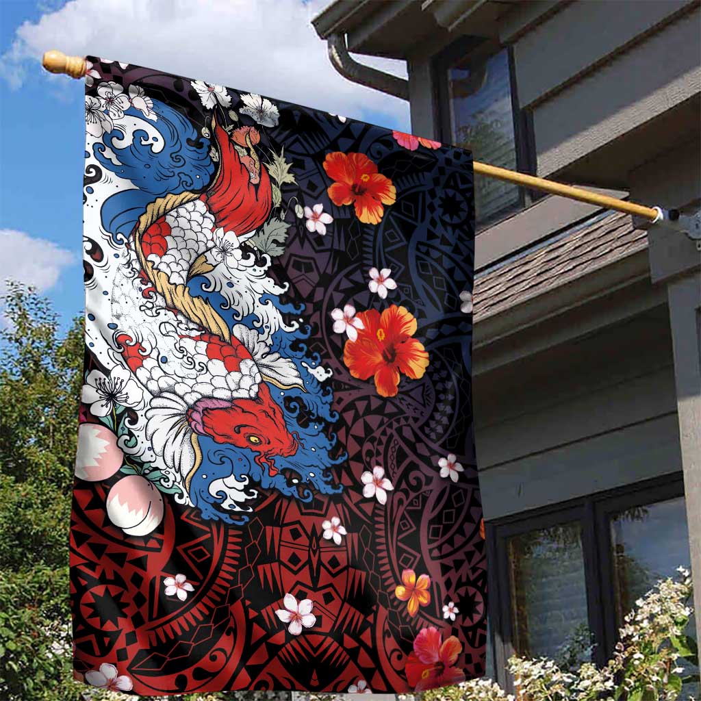 Hawaiian and Japanese Together Garden Flag Hibiscus and Koi Fish Polynesian Pattern Colorful Style LT03 - Polynesian Pride