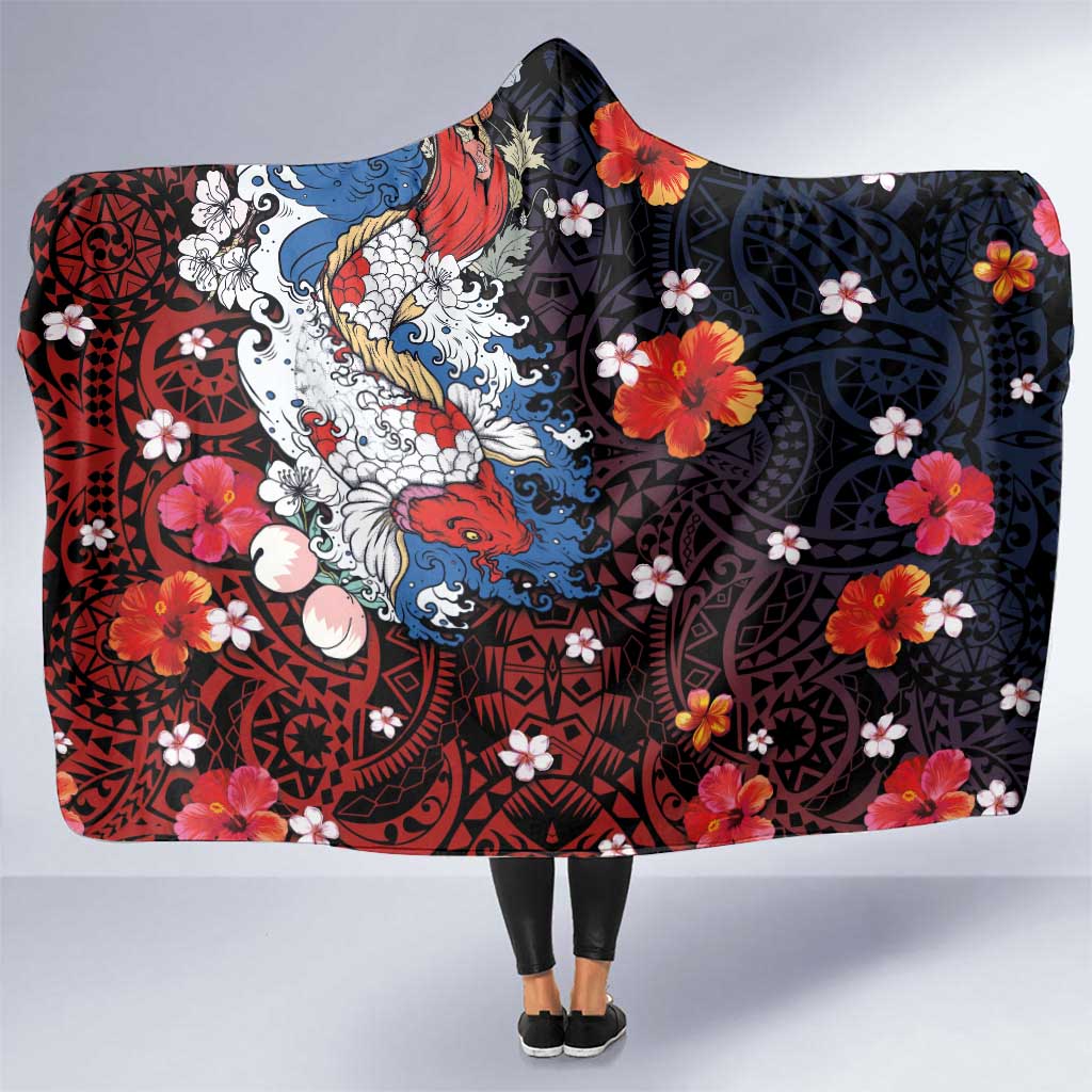 Hawaiian and Japanese Together Hooded Blanket Hibiscus and Koi Fish Polynesian Pattern Colorful Style LT03 One Size Red - Polynesian Pride