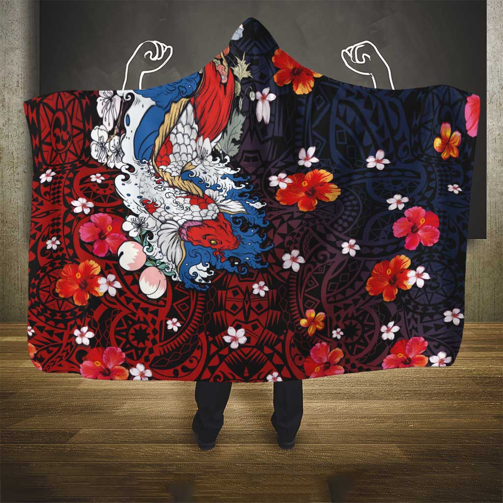 Hawaiian and Japanese Together Hooded Blanket Hibiscus and Koi Fish Polynesian Pattern Colorful Style LT03 - Polynesian Pride