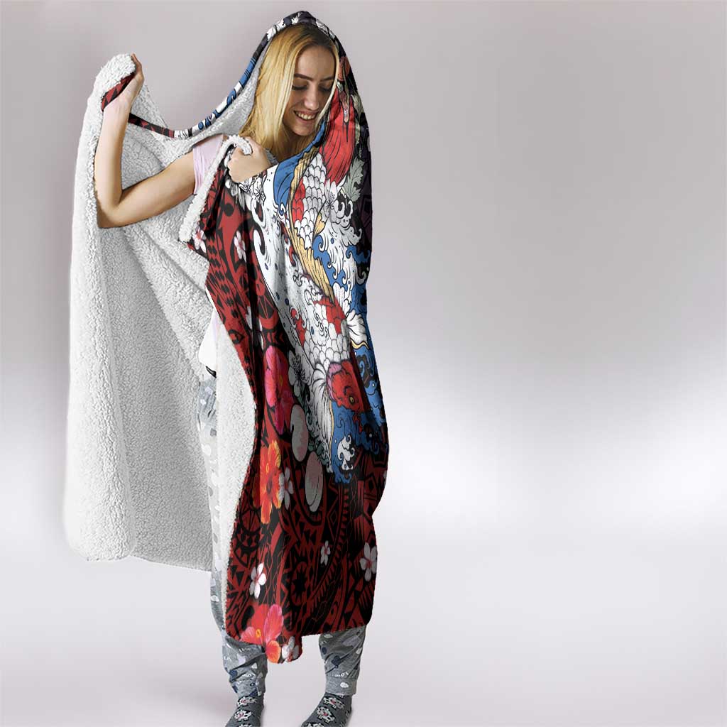 Hawaiian and Japanese Together Hooded Blanket Hibiscus and Koi Fish Polynesian Pattern Colorful Style LT03 - Polynesian Pride