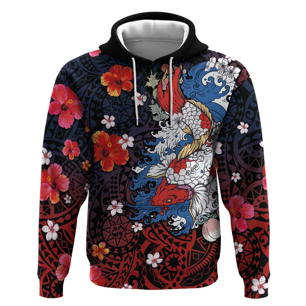 Hawaiian and Japanese Together Hoodie Hibiscus and Koi Fish Polynesian Pattern Colorful Style