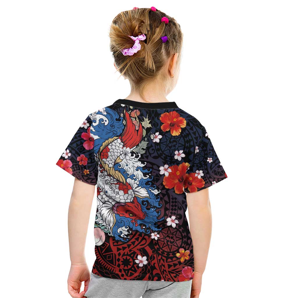 Hawaiian and Japanese Together Kid T Shirt Hibiscus and Koi Fish Polynesian Pattern Colorful Style