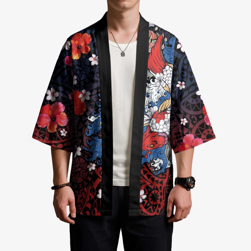 Hawaiian and Japanese Together Kimono Hibiscus and Koi Fish Polynesian Pattern Colorful Style - Polynesian Pride