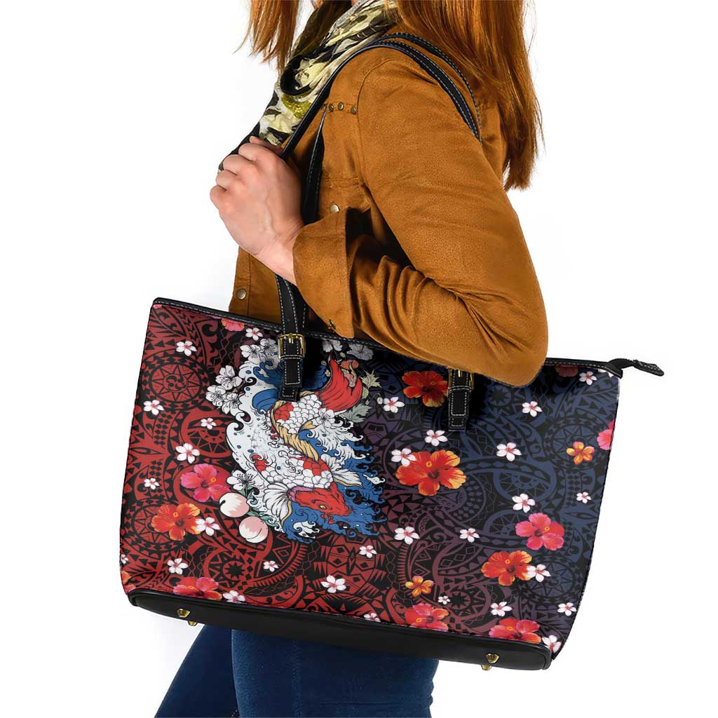 Hawaiian and Japanese Together Leather Tote Bag Hibiscus and Koi Fish Polynesian Pattern Colorful Style