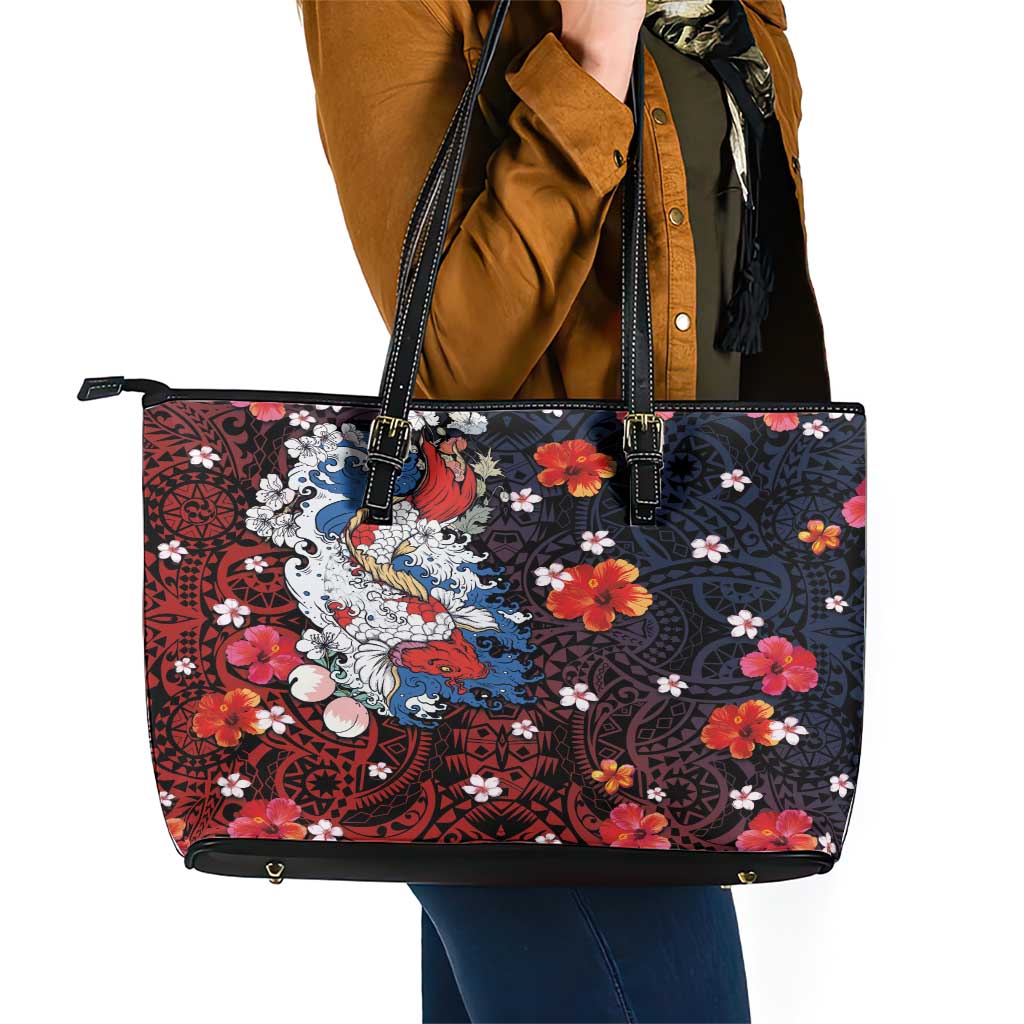 Hawaiian and Japanese Together Leather Tote Bag Hibiscus and Koi Fish Polynesian Pattern Colorful Style LT03 - Polynesian Pride