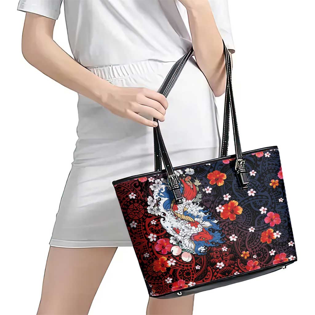 Hawaiian and Japanese Together Leather Tote Bag Hibiscus and Koi Fish Polynesian Pattern Colorful Style LT03 - Polynesian Pride