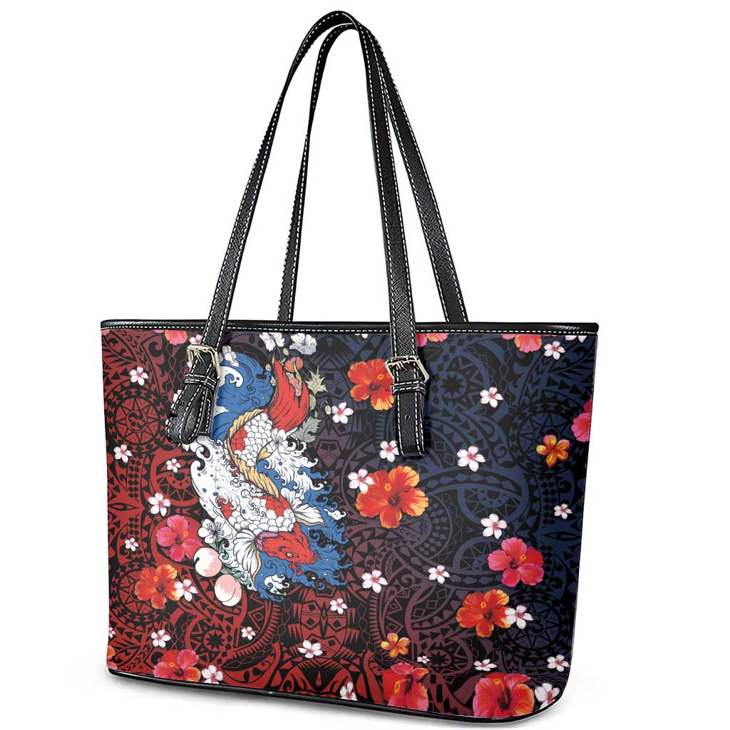 Hawaiian and Japanese Together Leather Tote Bag Hibiscus and Koi Fish Polynesian Pattern Colorful Style LT03 - Polynesian Pride