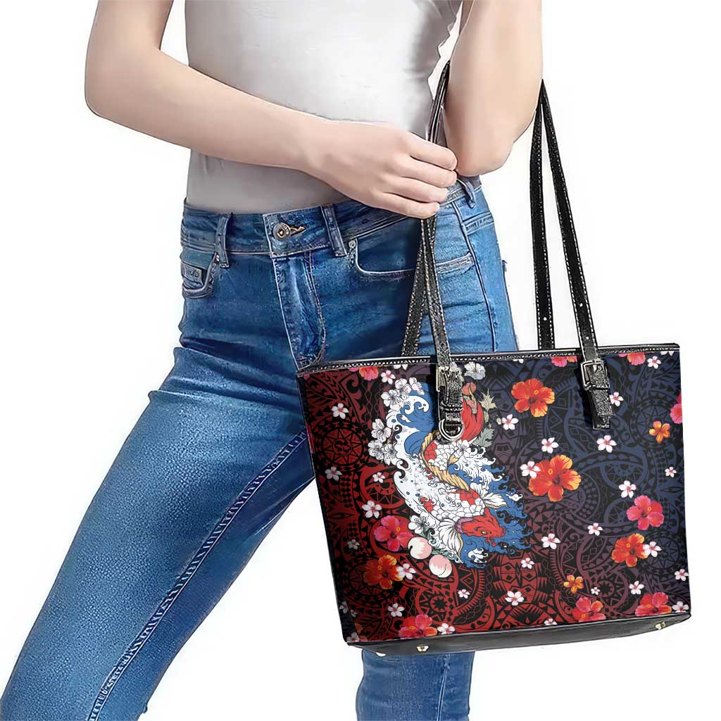 Hawaiian and Japanese Together Leather Tote Bag Hibiscus and Koi Fish Polynesian Pattern Colorful Style LT03 - Polynesian Pride