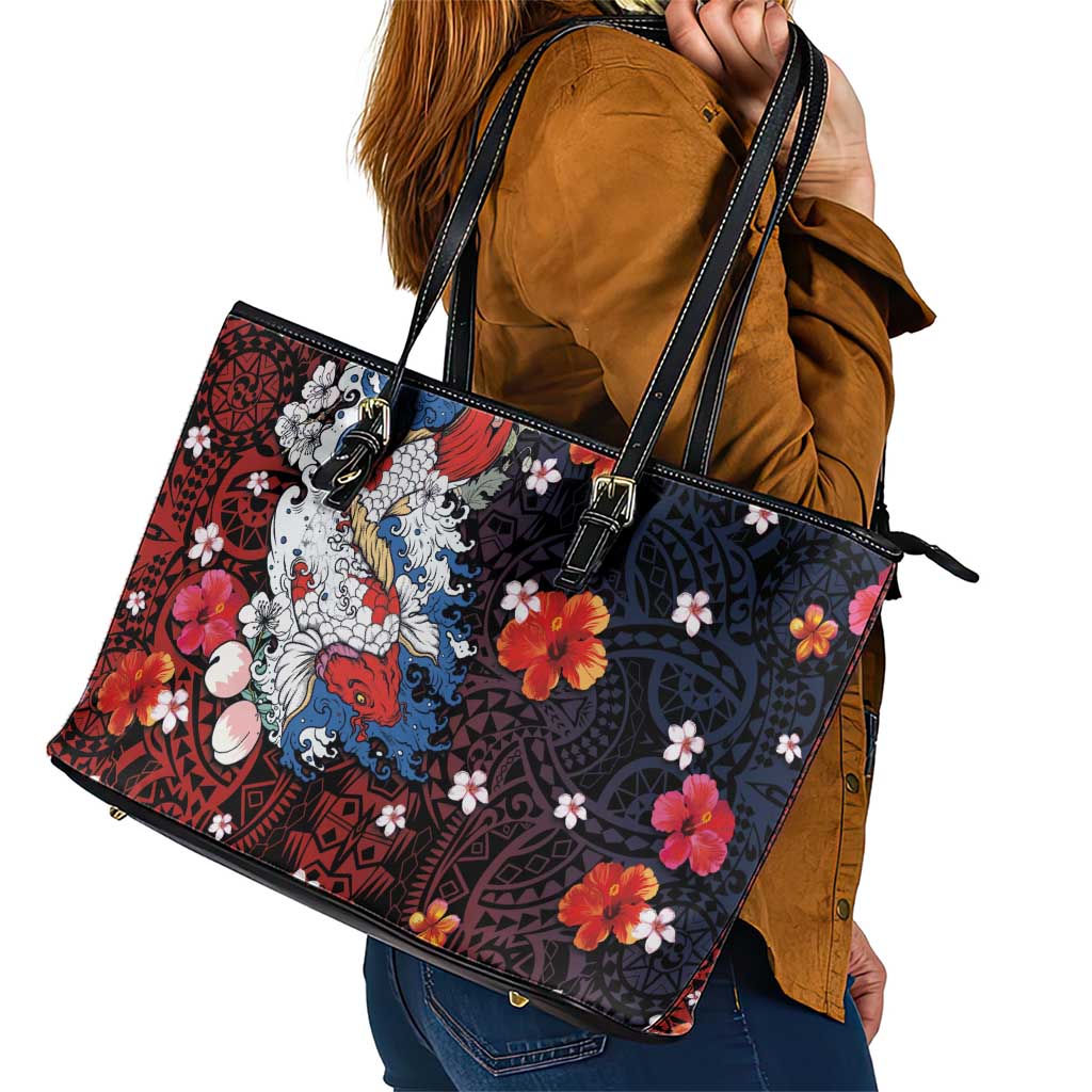 Hawaiian and Japanese Together Leather Tote Bag Hibiscus and Koi Fish Polynesian Pattern Colorful Style LT03 - Polynesian Pride