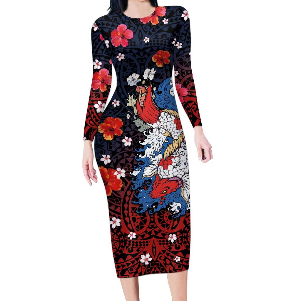 Hawaiian and Japanese Together Long Sleeve Bodycon Dress Hibiscus and Koi Fish Polynesian Pattern Colorful Style