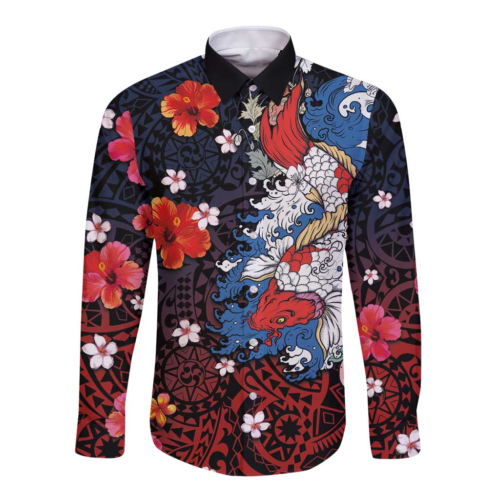 Hawaiian and Japanese Together Long Sleeve Button Shirt Hibiscus and Koi Fish Polynesian Pattern Colorful Style