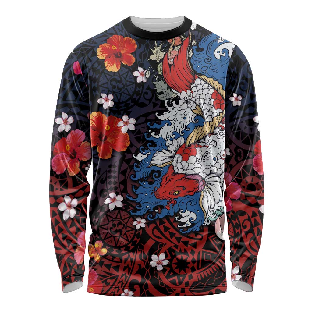 Hawaiian and Japanese Together Long Sleeve Shirt Hibiscus and Koi Fish Polynesian Pattern Colorful Style