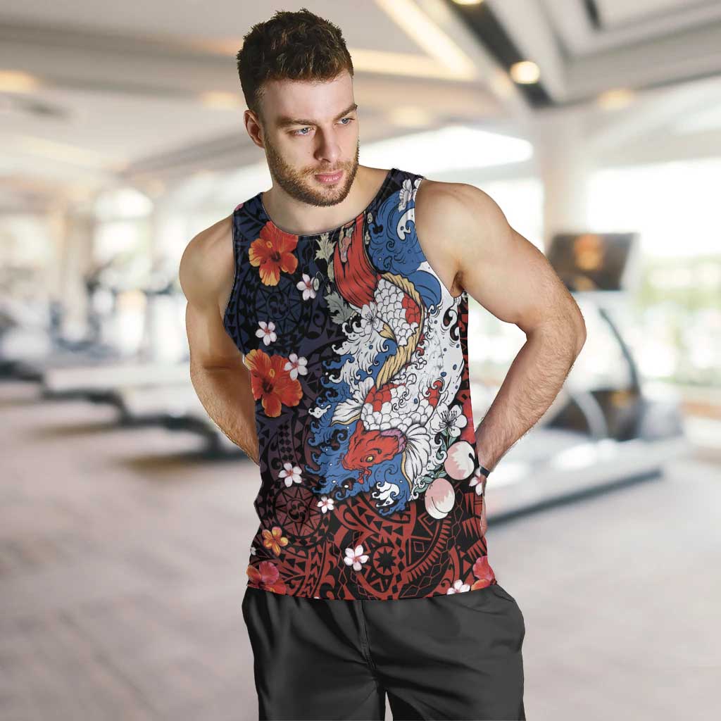 Hawaiian and Japanese Together Men Tank Top Hibiscus and Koi Fish Polynesian Pattern Colorful Style LT03 Red - Polynesian Pride