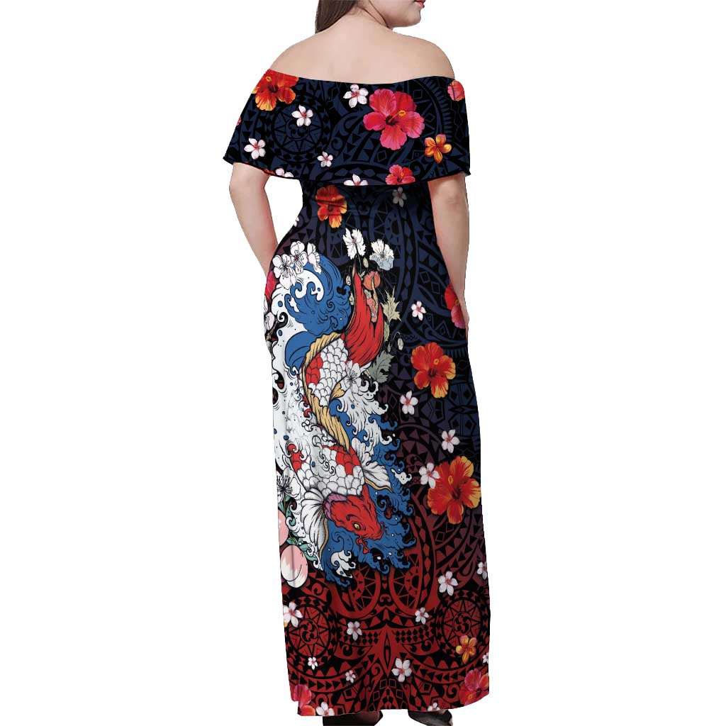 Hawaiian and Japanese Together Off Shoulder Maxi Dress Hibiscus and Koi Fish Polynesian Pattern Colorful Style LT03 - Polynesian Pride