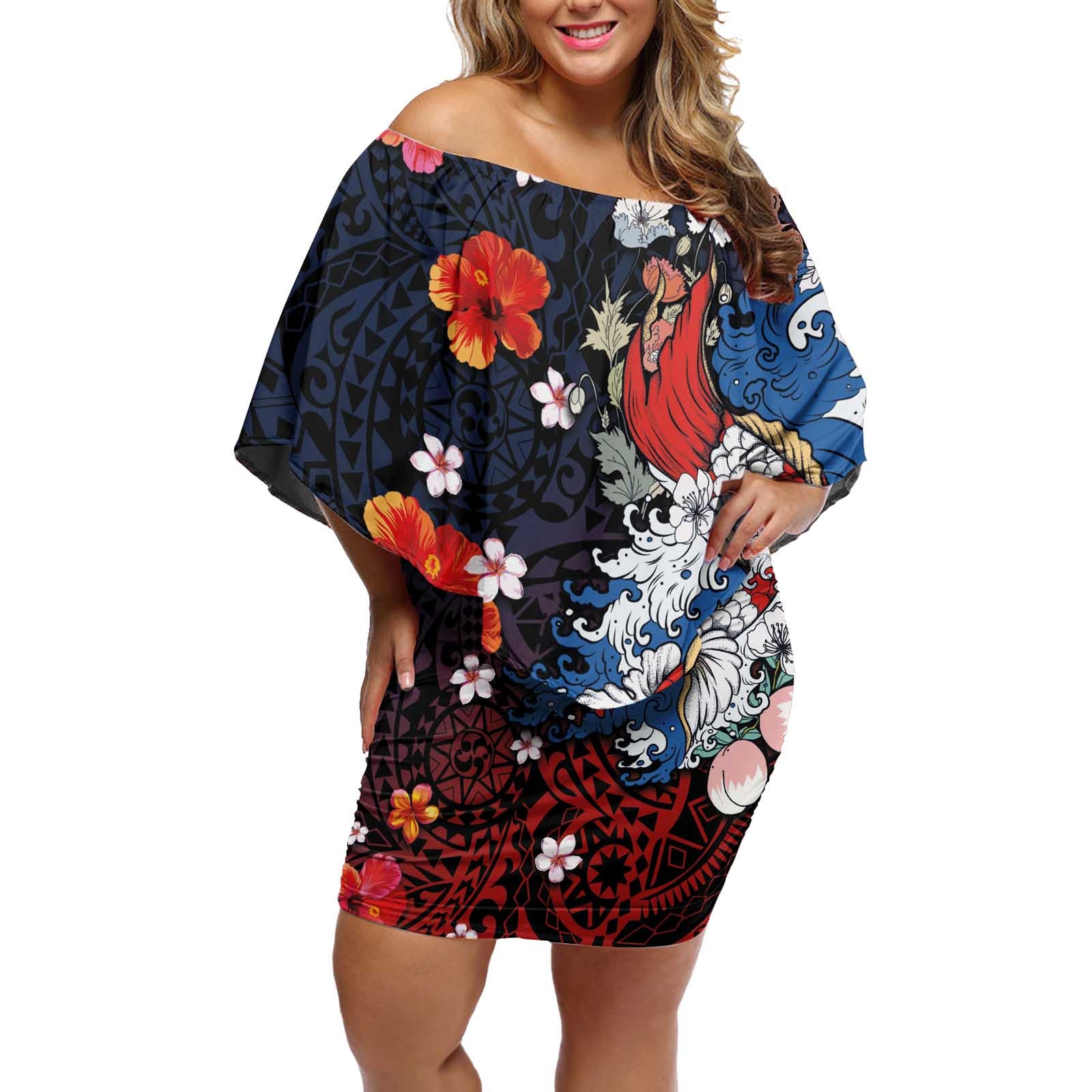 Hawaiian and Japanese Together Off Shoulder Short Dress Hibiscus and Koi Fish Polynesian Pattern Colorful Style LT03 Women Red - Polynesian Pride