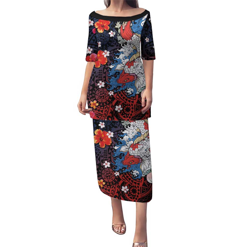 Hawaiian and Japanese Together Puletasi Hibiscus and Koi Fish Polynesian Pattern Colorful Style LT03 Long Dress Red - Polynesian Pride