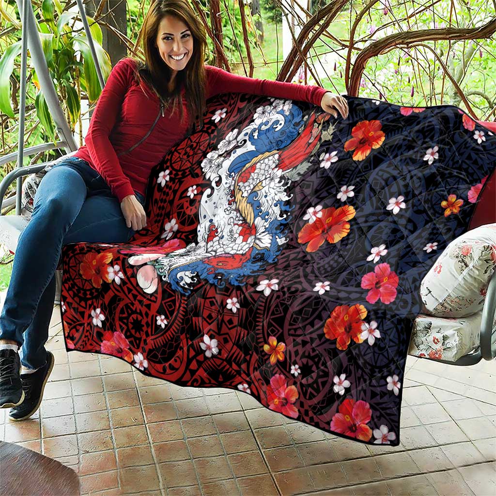 Hawaiian and Japanese Together Quilt Hibiscus and Koi Fish Polynesian Pattern Colorful Style