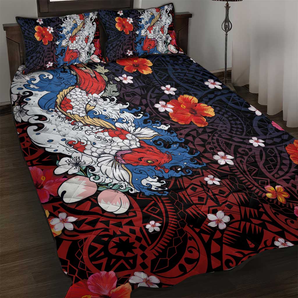 Hawaiian and Japanese Together Quilt Bed Set Hibiscus and Koi Fish Polynesian Pattern Colorful Style