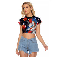 Hawaiian and Japanese Together Raglan Cropped T Shirt Hibiscus and Koi Fish Polynesian Pattern Colorful Style