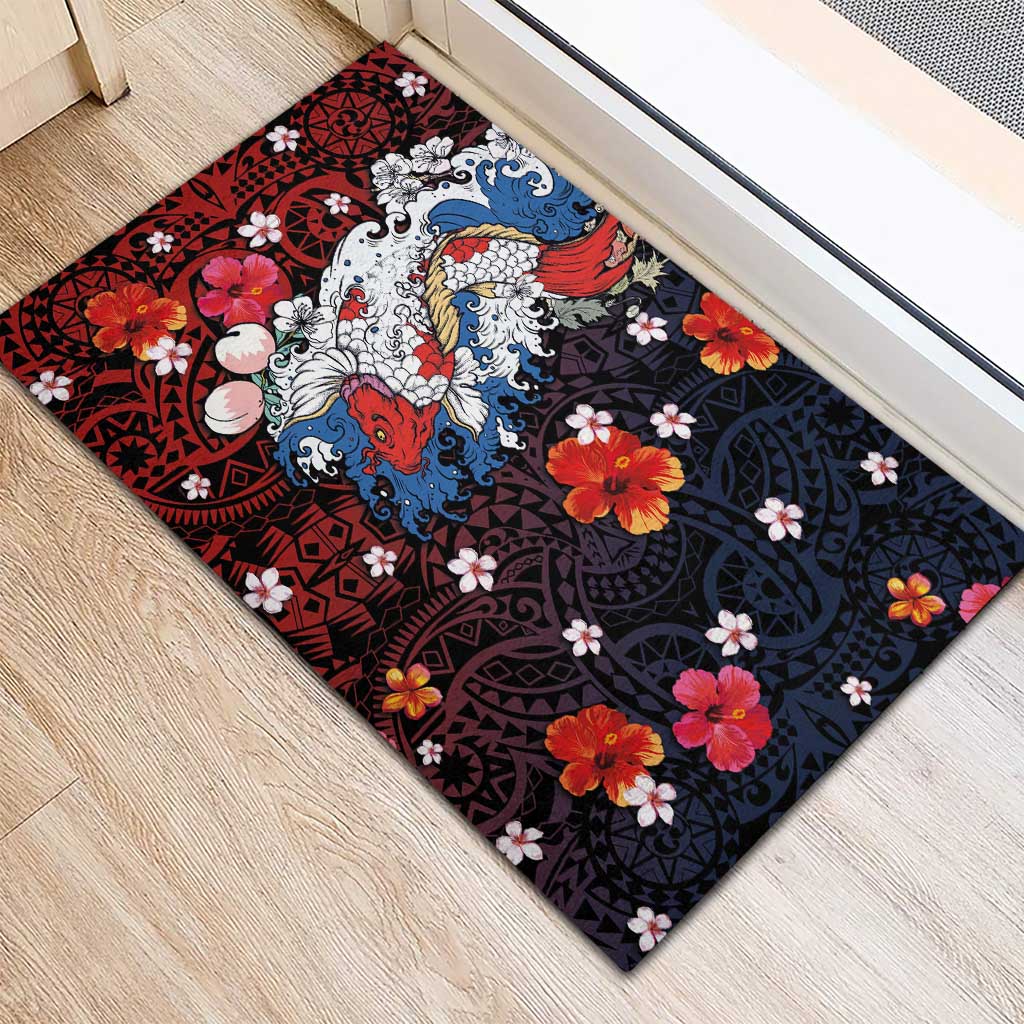 Hawaiian and Japanese Together Rubber Doormat Hibiscus and Koi Fish Polynesian Pattern Colorful Style LT03 - Polynesian Pride