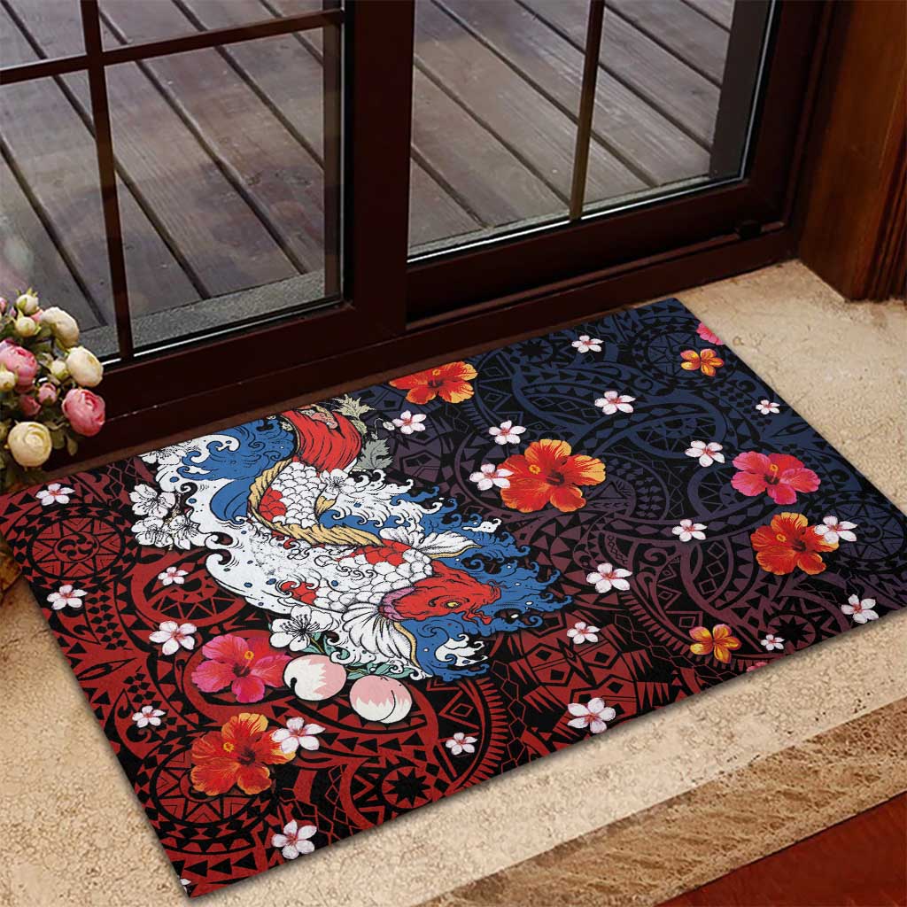Hawaiian and Japanese Together Rubber Doormat Hibiscus and Koi Fish Polynesian Pattern Colorful Style LT03 - Polynesian Pride