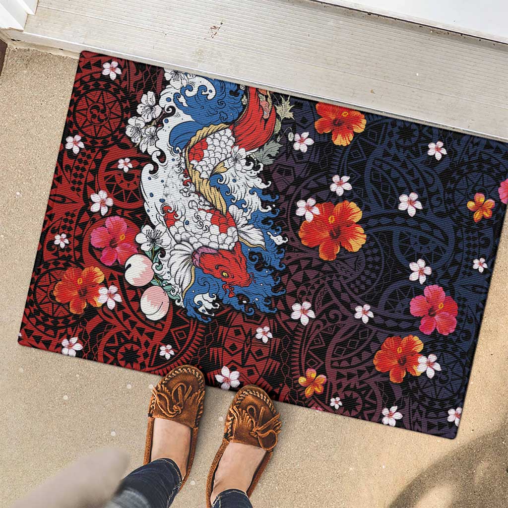 Hawaiian and Japanese Together Rubber Doormat Hibiscus and Koi Fish Polynesian Pattern Colorful Style LT03 - Polynesian Pride