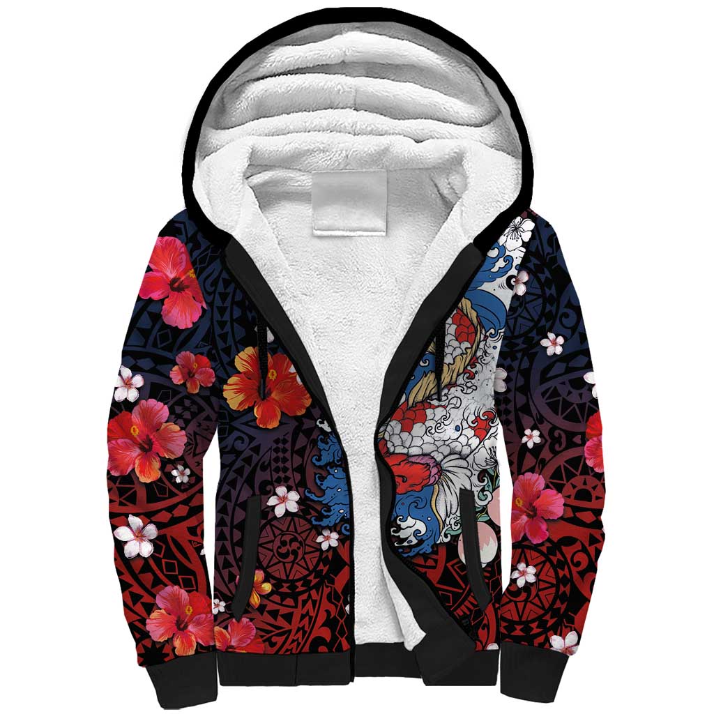 Hawaiian and Japanese Together Sherpa Hoodie Hibiscus and Koi Fish Polynesian Pattern Colorful Style LT03 Unisex Red - Polynesian Pride