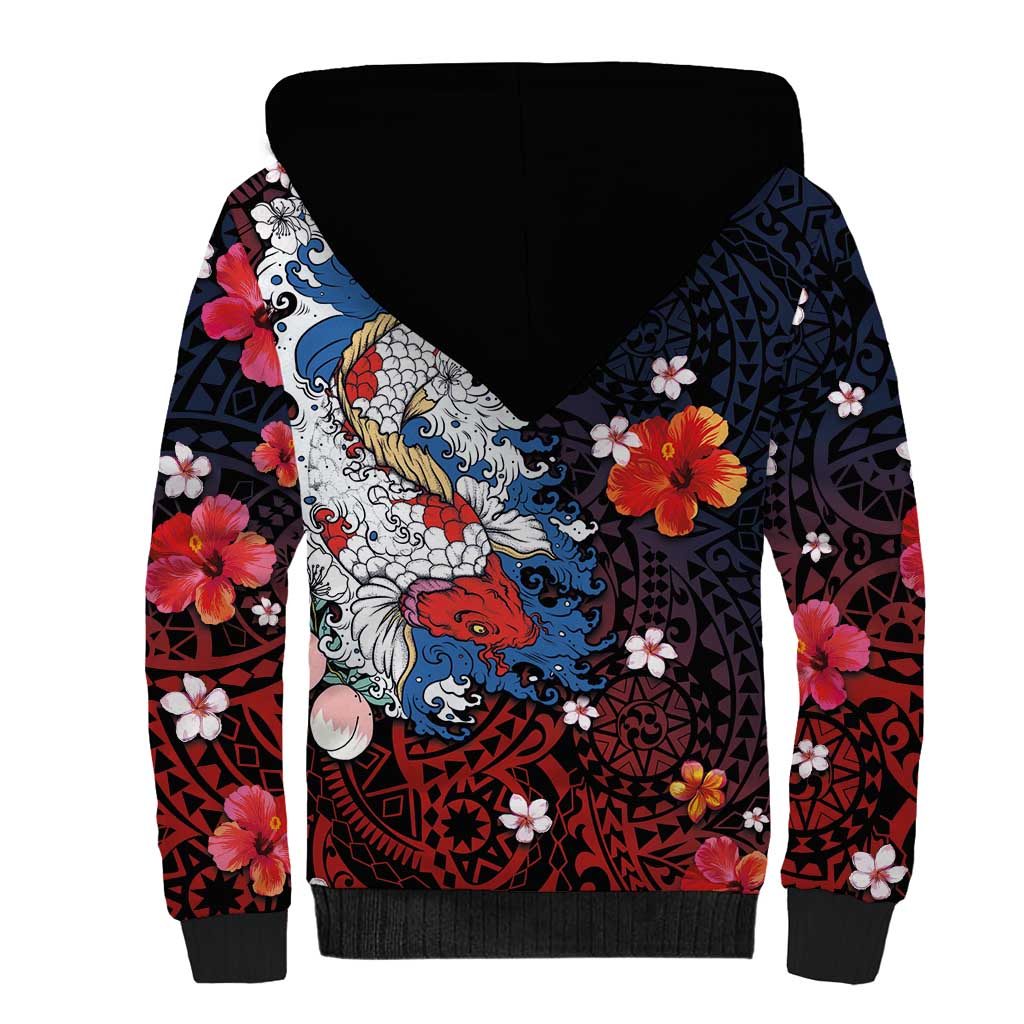 Hawaiian and Japanese Together Sherpa Hoodie Hibiscus and Koi Fish Polynesian Pattern Colorful Style LT03 - Polynesian Pride