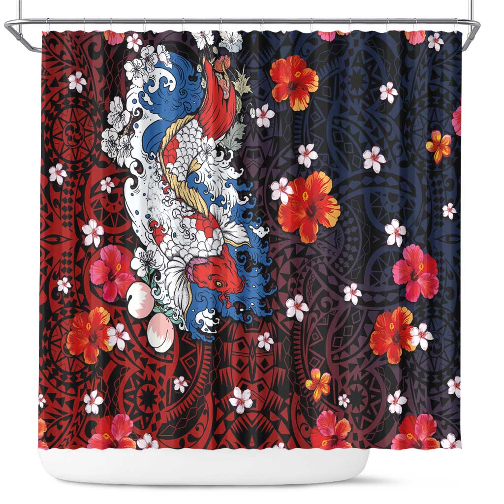 Hawaiian and Japanese Together Shower Curtain Hibiscus and Koi Fish Polynesian Pattern Colorful Style
