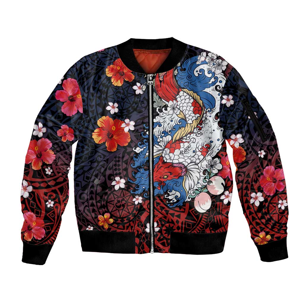 Hawaiian and Japanese Together Sleeve Zip Bomber Jacket Hibiscus and Koi Fish Polynesian Pattern Colorful Style