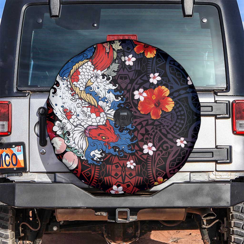 Hawaiian and Japanese Together Spare Tire Cover Hibiscus and Koi Fish Polynesian Pattern Colorful Style LT03 Red - Polynesian Pride