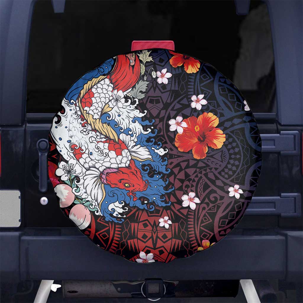 Hawaiian and Japanese Together Spare Tire Cover Hibiscus and Koi Fish Polynesian Pattern Colorful Style LT03 - Polynesian Pride